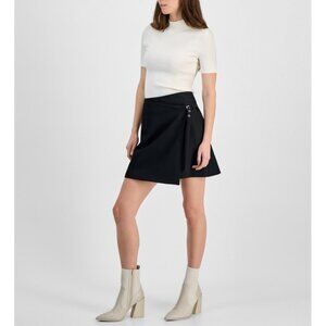HUGO Womens Solid Low Rise Faux Wrap Side Buckle Mini Skirt Black Size 0 NWT